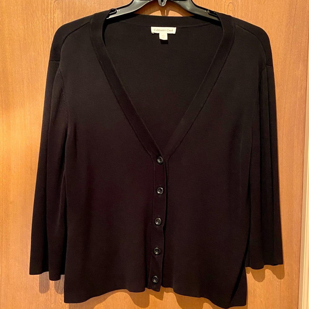 Coldwater Creek Black Silk V-Neck Sweater, 7/8” sleeve length, size XL